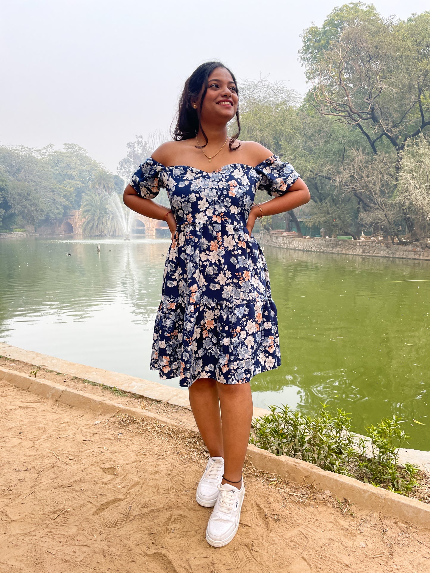 Blue Floral Heart Neckline Mini Dress