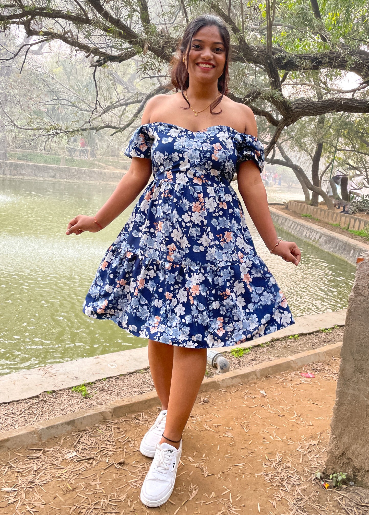 Blue Floral Heart Neckline Mini Dress