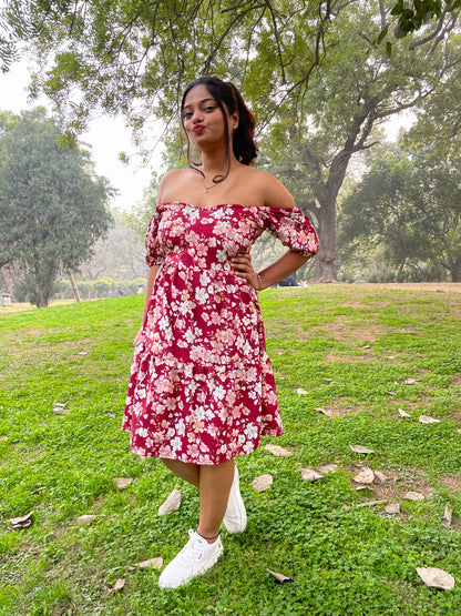 Red Floral Heart Neckline Mini Dress