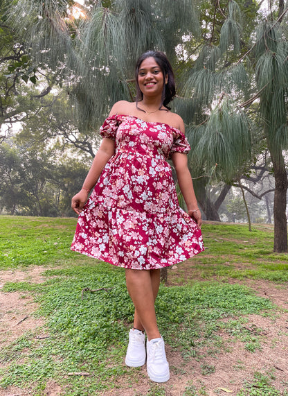 Red Floral Heart Neckline Mini Dress