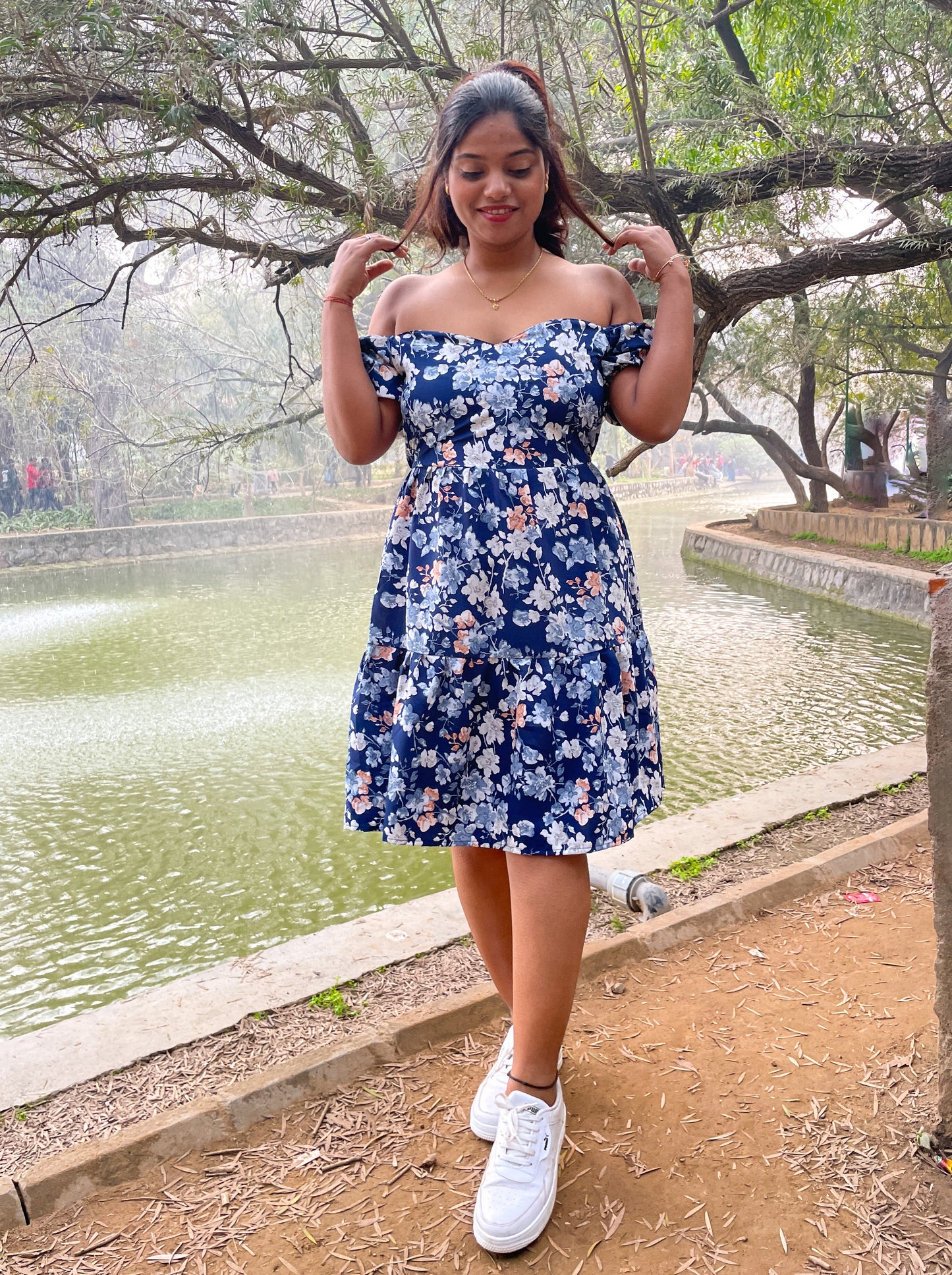 Blue Floral Heart Neckline Mini Dress