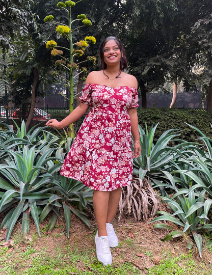 Red Floral Heart Neckline Mini Dress