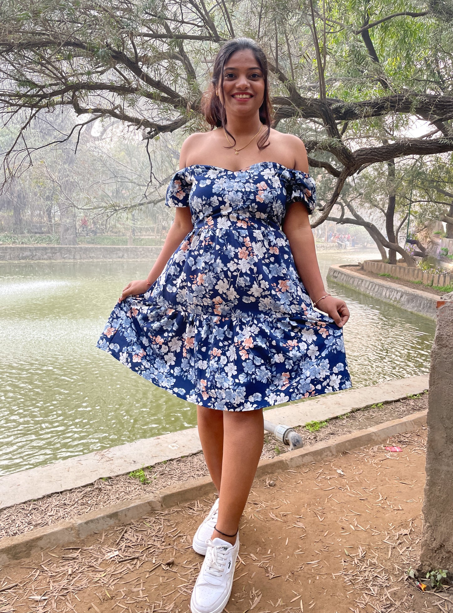 Blue Floral Heart Neckline Mini Dress